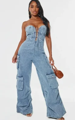 Shape Vintage Mid Wash Denim Bandeau Lace Up Front Wide Leg Jumpsuit
