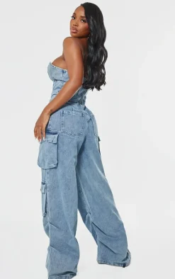 Shape Vintage Mid Wash Denim Bandeau Lace Up Front Wide Leg Jumpsuit