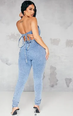 Shape Vintage Wash Cup Detail Tie Back Denim Jumpsuit