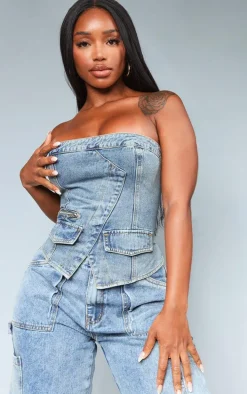 Shape Vintage Wash Denim Zip Detail Bandeau Corset