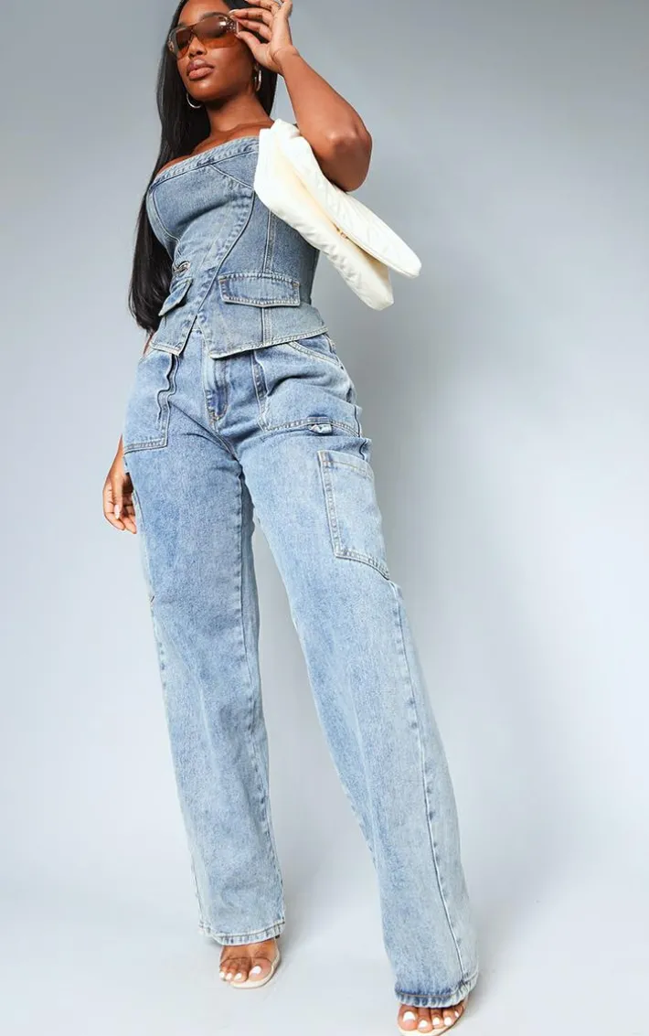 Shape Vintage Wash Denim Zip Detail Bandeau Corset