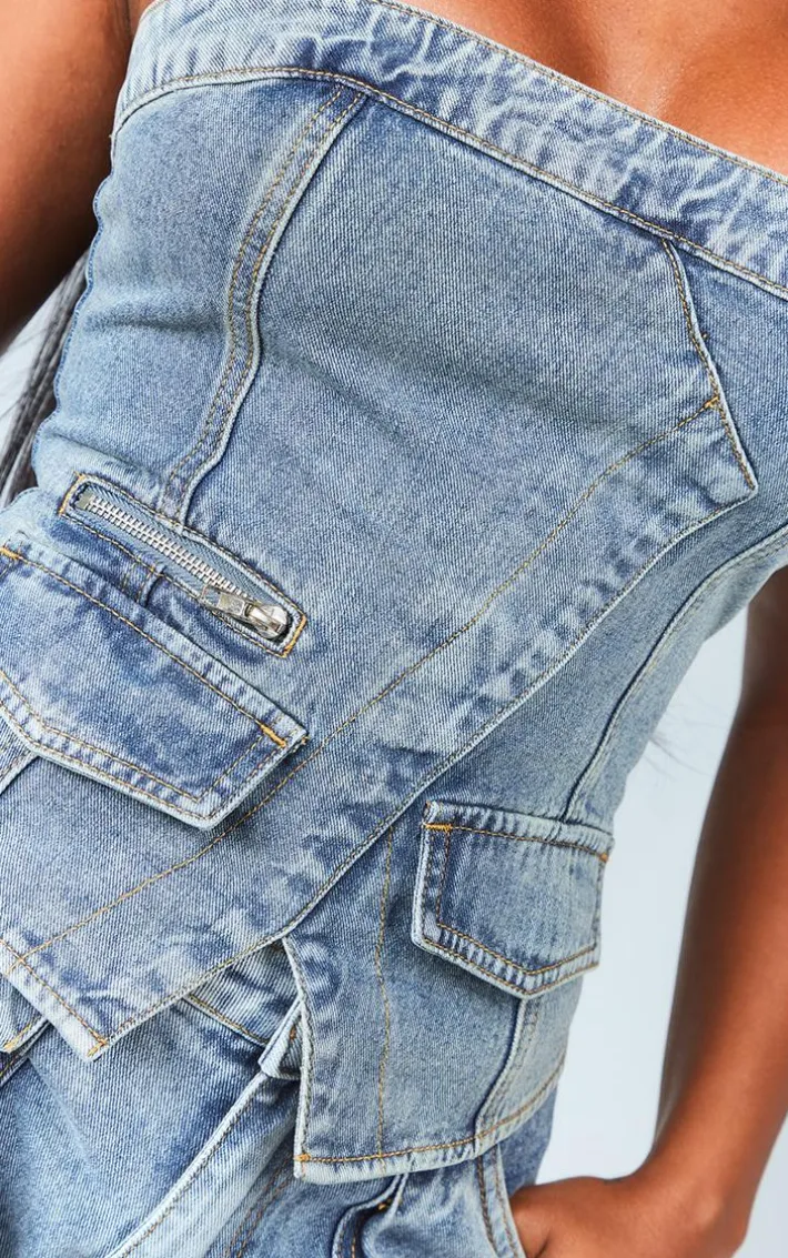Shape Vintage Wash Denim Zip Detail Bandeau Corset