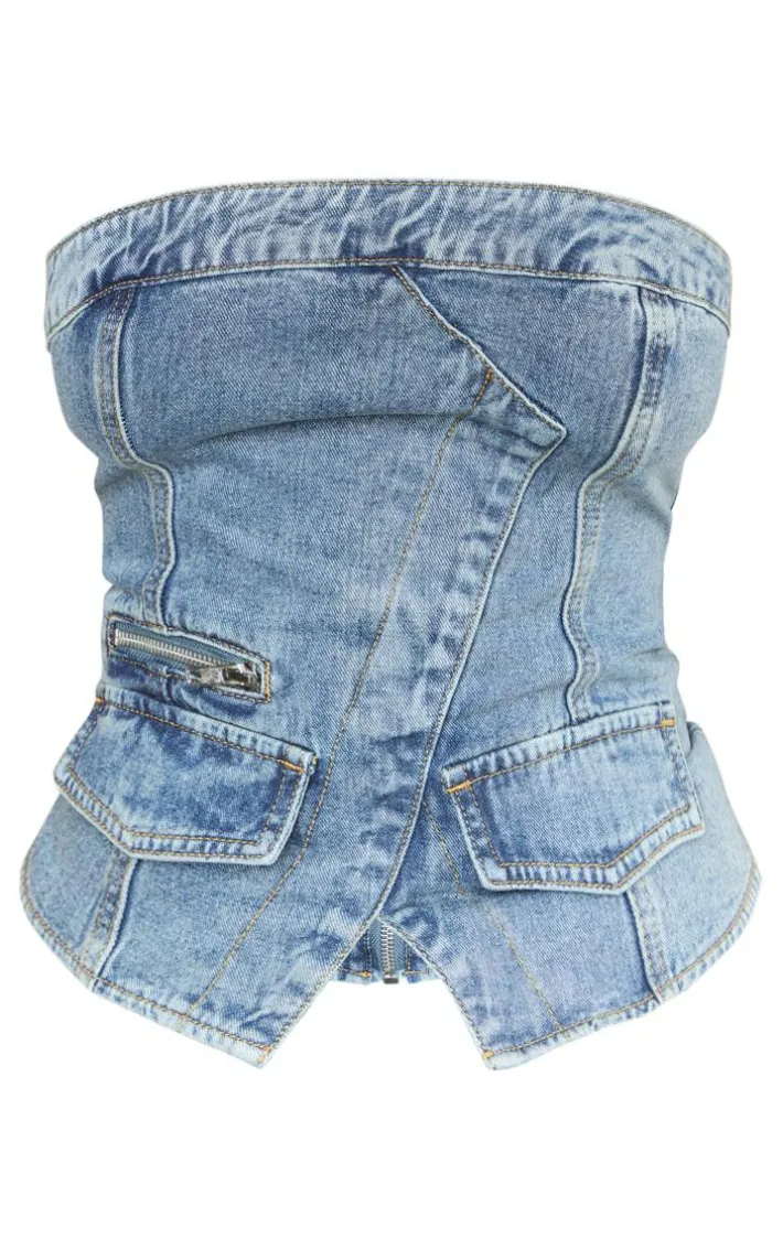 Shape Vintage Wash Denim Zip Detail Bandeau Corset