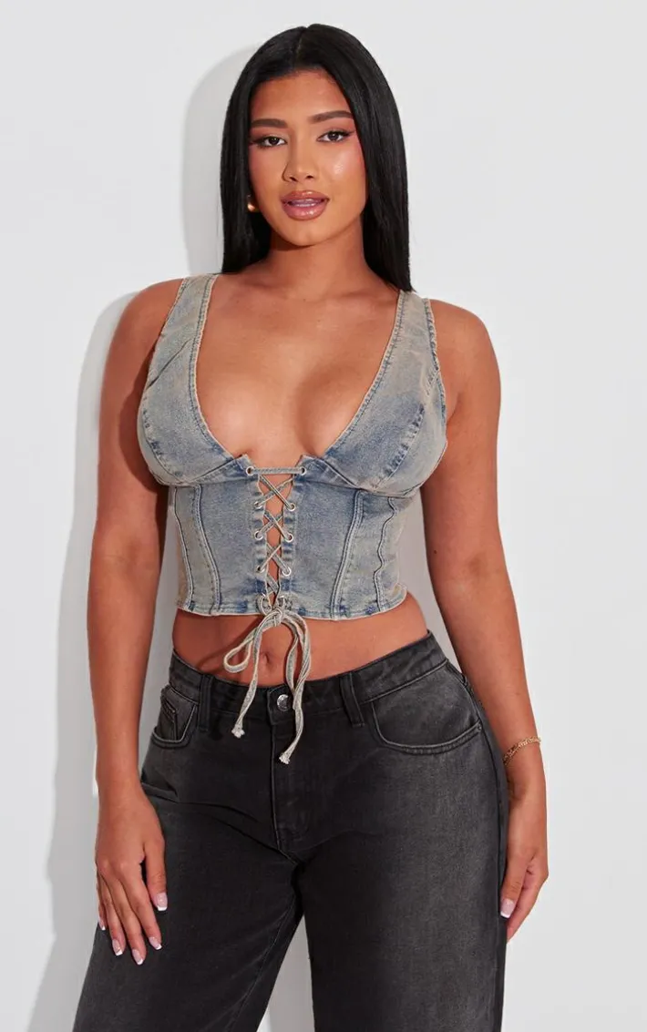 Shape Vintage Wash Denim Lace Up Corset Top