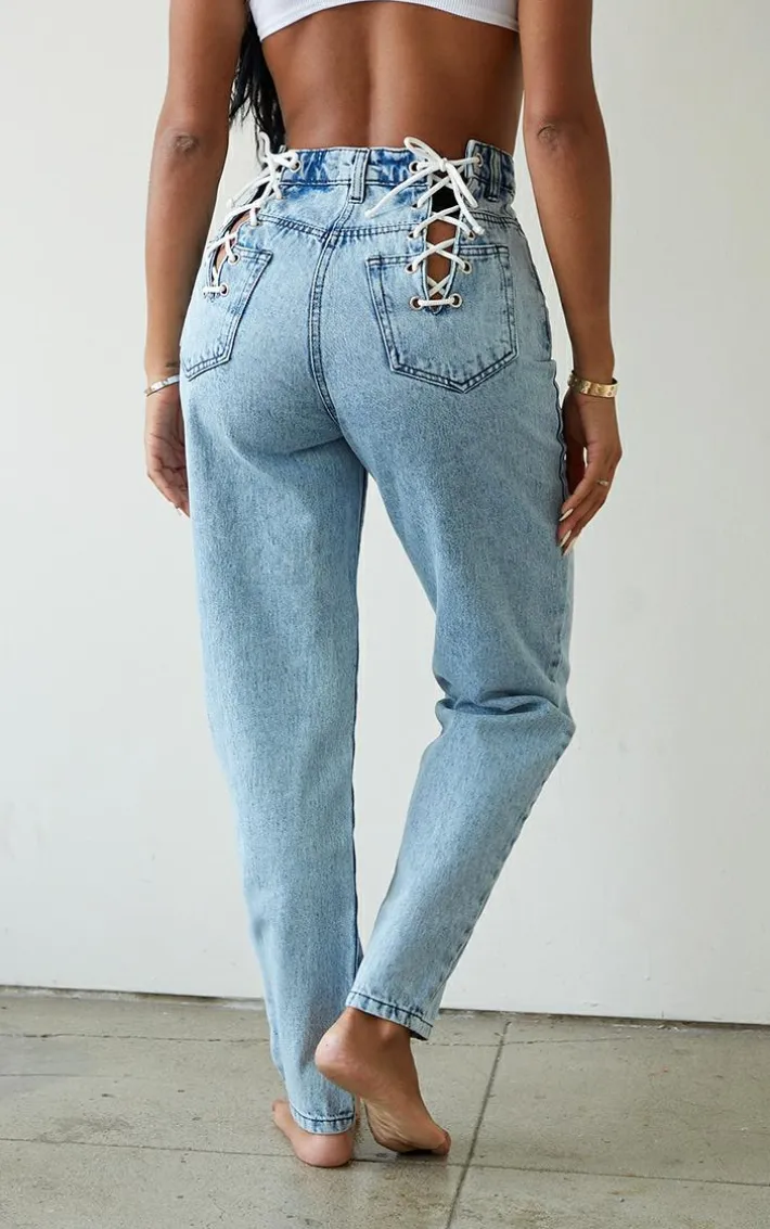 Shape Vintage Wash Lace Up Detail Straight Leg Jeans