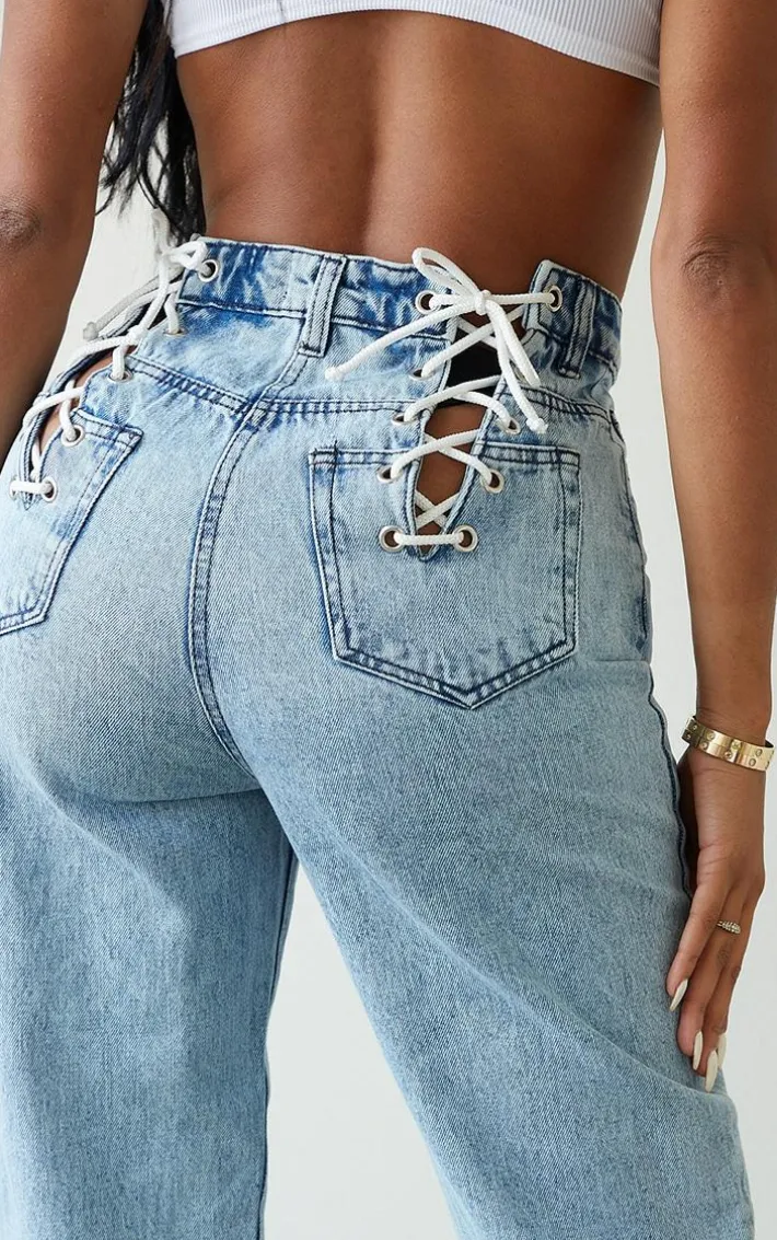 Shape Vintage Wash Lace Up Detail Straight Leg Jeans