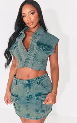 Shape Vintage Wash Washed Denim Raw Hem Edge Cropped Jacket