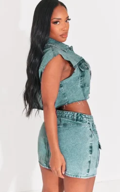 Shape Vintage Wash Washed Denim Raw Hem Edge Cropped Jacket