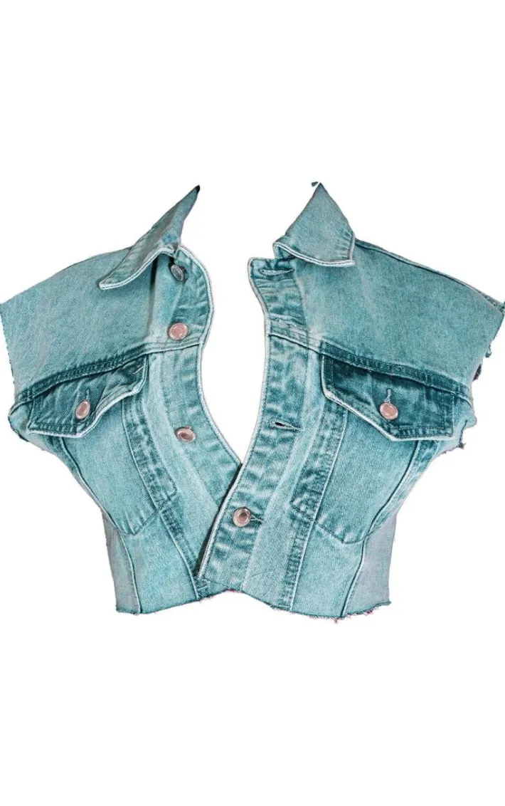 Shape Vintage Wash Washed Denim Raw Hem Edge Cropped Jacket