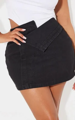 Shape Washed Black Denim Foldover Waist Mini Skirt