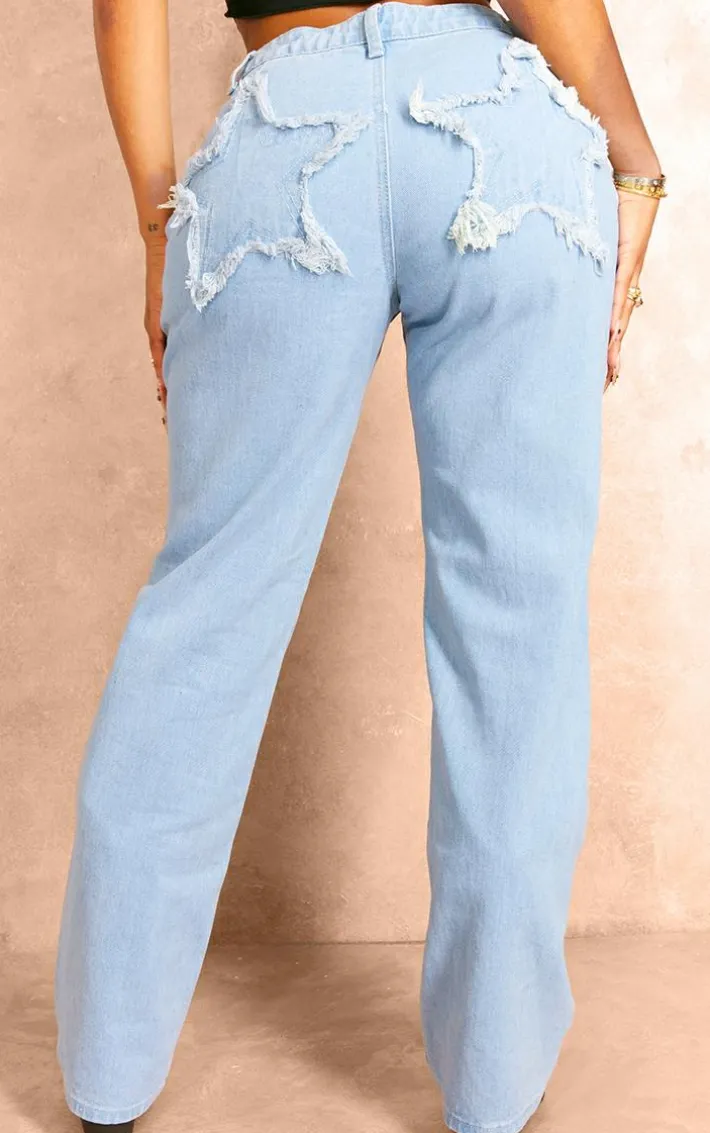 Shape Washed Blue Denim Star Embossed Bum Detail Jeans