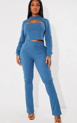 Shape Washed Blue Rib Cut Out Front Hoodie