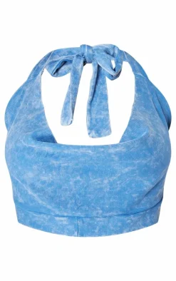 Shape Washed Blue Ribbed Halterneck Cowl Crop Top