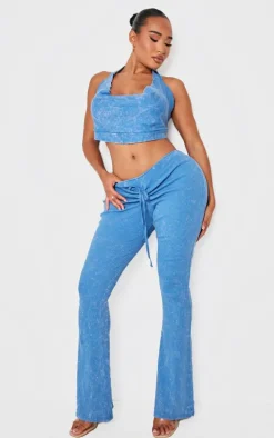 Shape Washed Blue Washed Ribbed Ruched Front Flare Pants