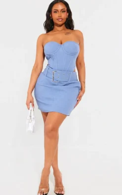 Shape Washed Blue Woven Buckle Detail Mini Skirt