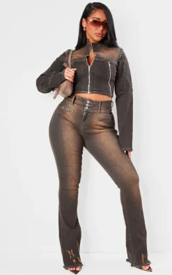 Shape Washed Brown Denim High Waisted Ripped Hem Jeans