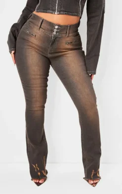 Shape Washed Brown Denim High Waisted Ripped Hem Jeans