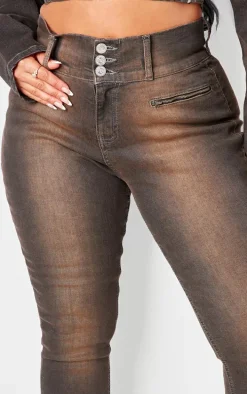 Shape Washed Brown Denim High Waisted Ripped Hem Jeans