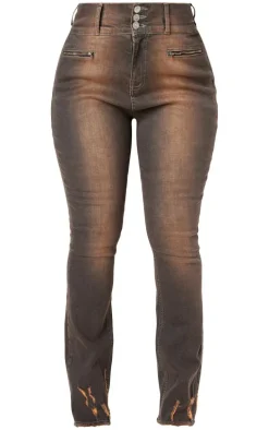 Shape Washed Brown Denim High Waisted Ripped Hem Jeans