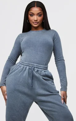 Shape Washed Charcoal Cotton Long Sleeve Crew Neck Bodysuit