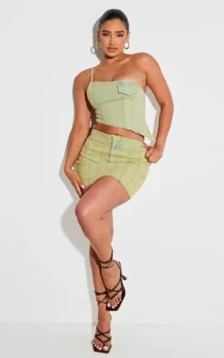 Shape Washed Green Denim One Shoulder Asymmetric Seam Detail Crop Top