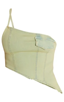 Shape Washed Green Denim One Shoulder Asymmetric Seam Detail Crop Top