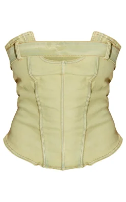 Shape Washed Green Denim Belt Detail Bandeau Crop Top