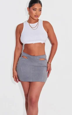 Shape Washed Grey Cotton Cut Out Detail Mini Skirt
