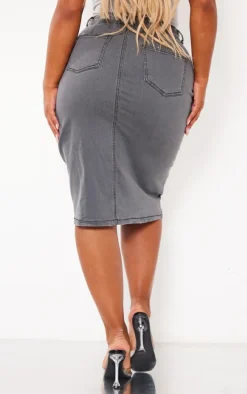 Shape Washed Grey Stretch Denim Frayed Detail Midi Skirt