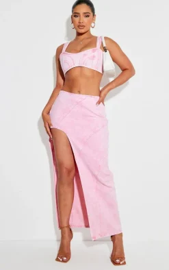 Shape Washed Pink Denim Seam Detail High Split Maxi Skirt