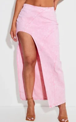 Shape Washed Pink Denim Seam Detail High Split Maxi Skirt
