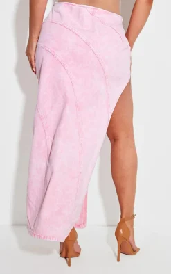 Shape Washed Pink Denim Seam Detail High Split Maxi Skirt