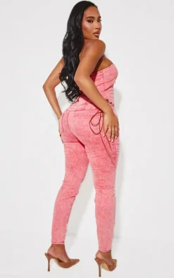 Shape Washed Red Denim Bandeau Lace Up Detail Jumpsuit