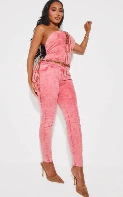 Shape Washed Red Denim Bandeau Lace Up Detail Jumpsuit