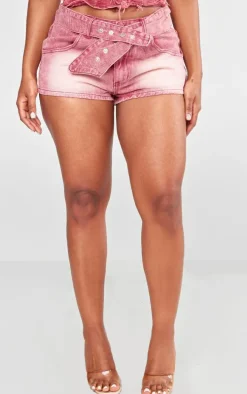 Shape Washed Red Denim Belted Low Rise Shorts