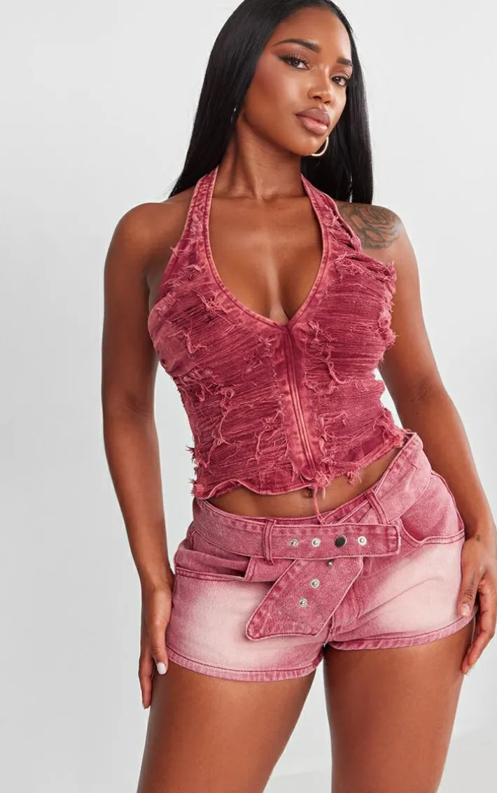 Shape Washed Red Denim Belted Low Rise Shorts