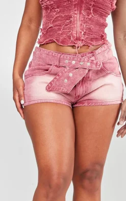 Shape Washed Red Denim Belted Low Rise Shorts