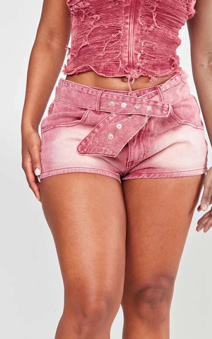 Shape Washed Red Denim Belted Low Rise Shorts