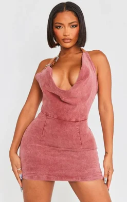 Shape Washed Red Denim Buckle Halterneck Mini Dress