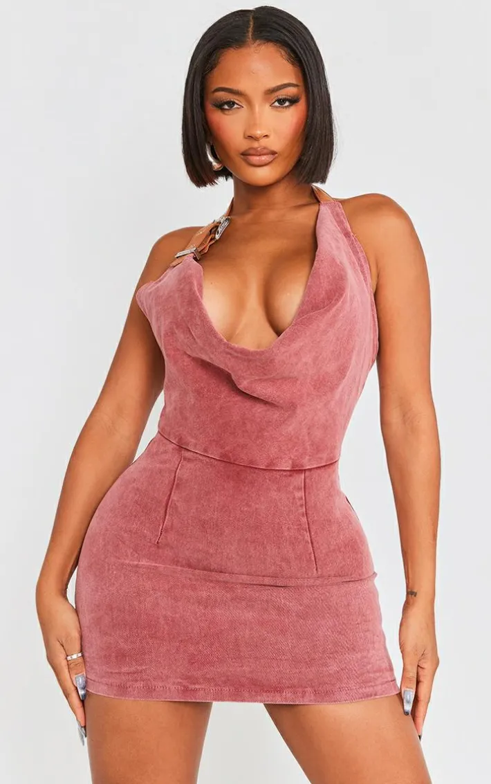 Shape Washed Red Denim Buckle Halterneck Mini Dress