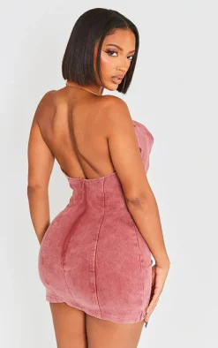 Shape Washed Red Denim Buckle Halterneck Mini Dress