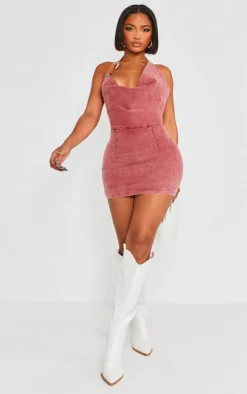 Shape Washed Red Denim Buckle Halterneck Mini Dress