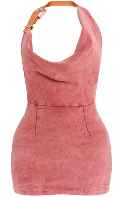 Shape Washed Red Denim Buckle Halterneck Mini Dress