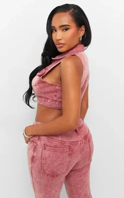 Shape Washed Red Denim Button Front Sleeveless Jacket