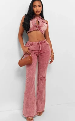 Shape Washed Red Denim Button Front Sleeveless Jacket