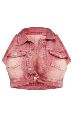 Shape Washed Red Denim Button Front Sleeveless Jacket