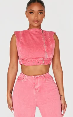 Shape Washed Red Denim Cropped Zip Detail Sleeveless Jacket