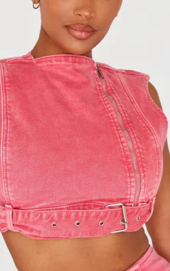 Shape Washed Red Denim Cropped Zip Detail Sleeveless Jacket