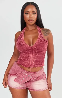 Shape Washed Red Denim Distressed Halterneck Longline Top