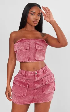 Shape Washed Red Denim Pocket Detail Bandeau Crop Top
